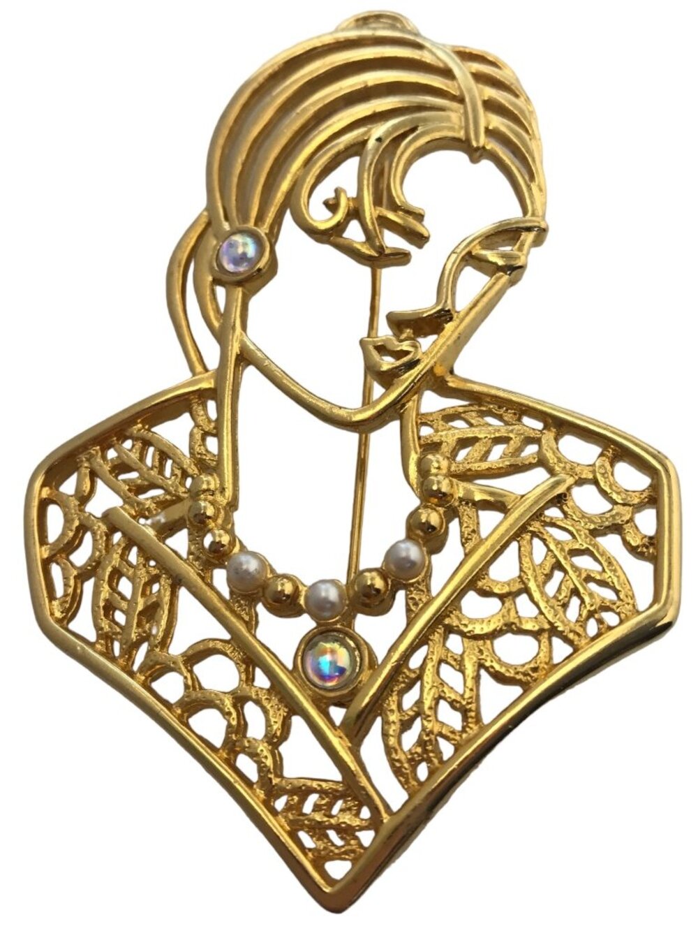 JJ Jonette Gold Tone Faux Pearl, AB Cab Open Lady Face Brooch, Signed M93